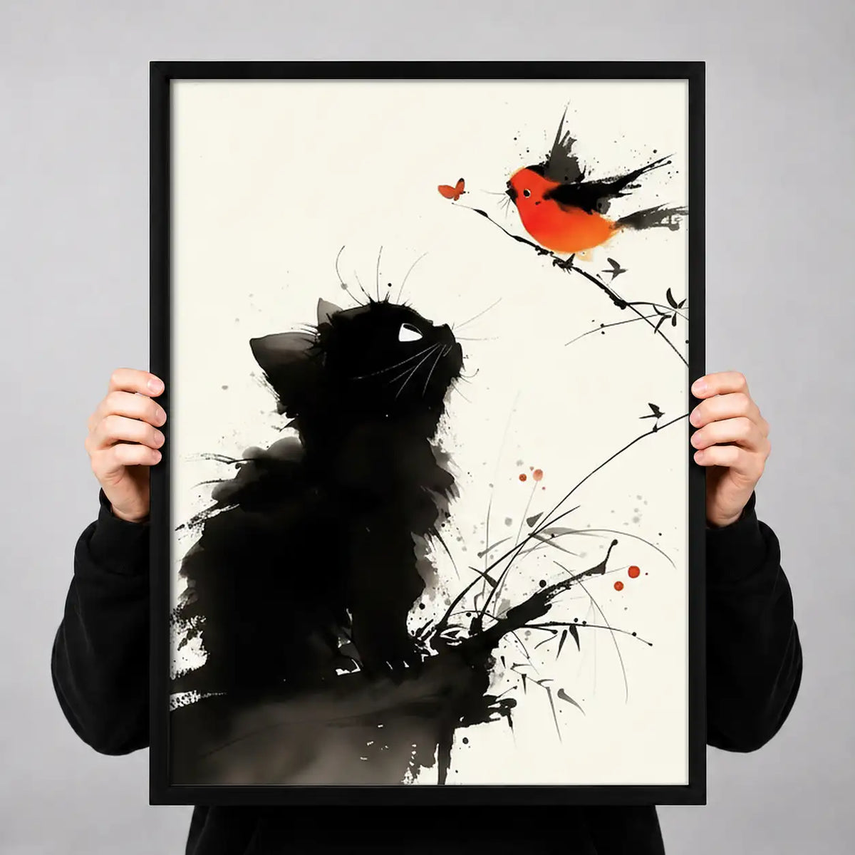 Black Cat Watching Red Bird Wall Art 3