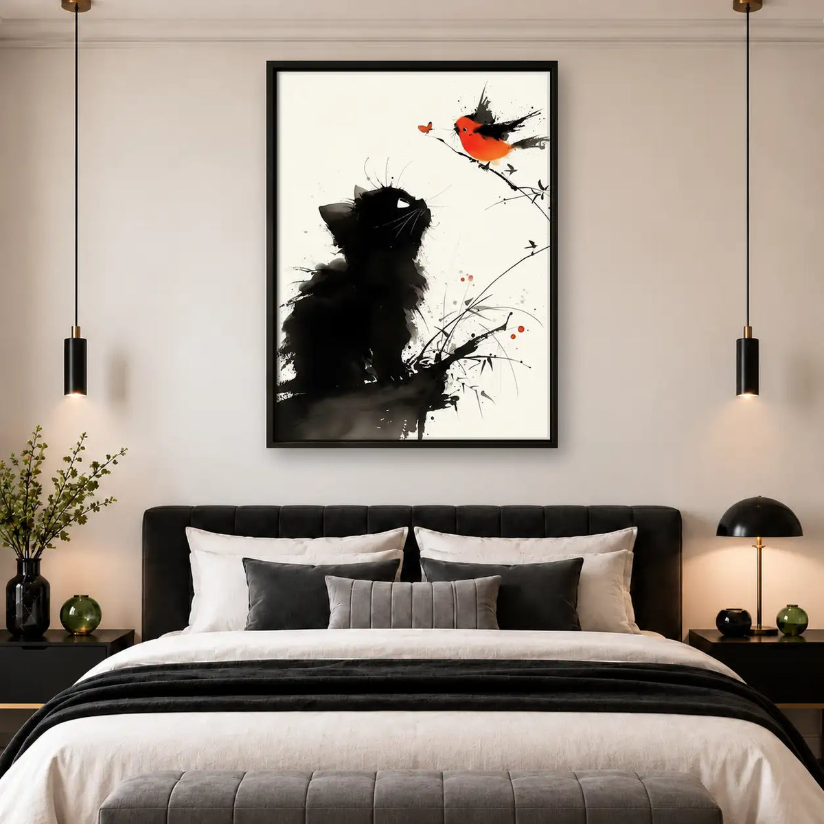Black Cat Watching Red Bird Wall Art 4