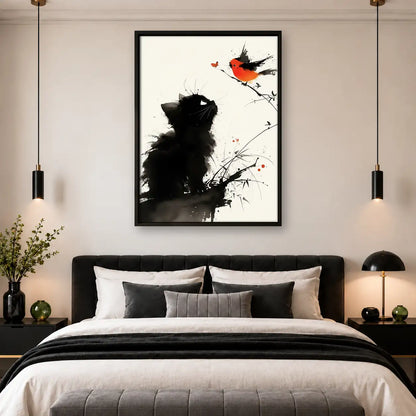Black Cat Watching Red Bird Wall Art 4