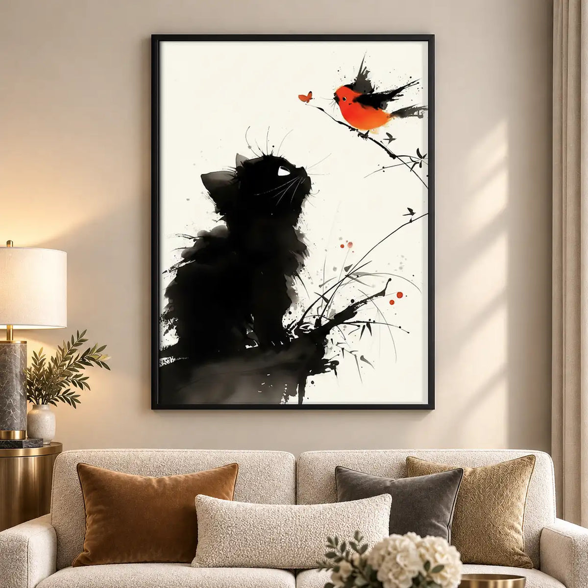 Black Cat Watching Red Bird Wall Art 5