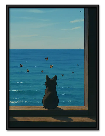 Black Cat Watching the Blue Sea Wall Art
