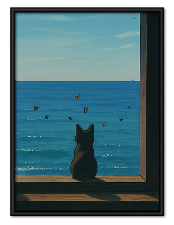 Black Cat Watching the Blue Sea Wall Art