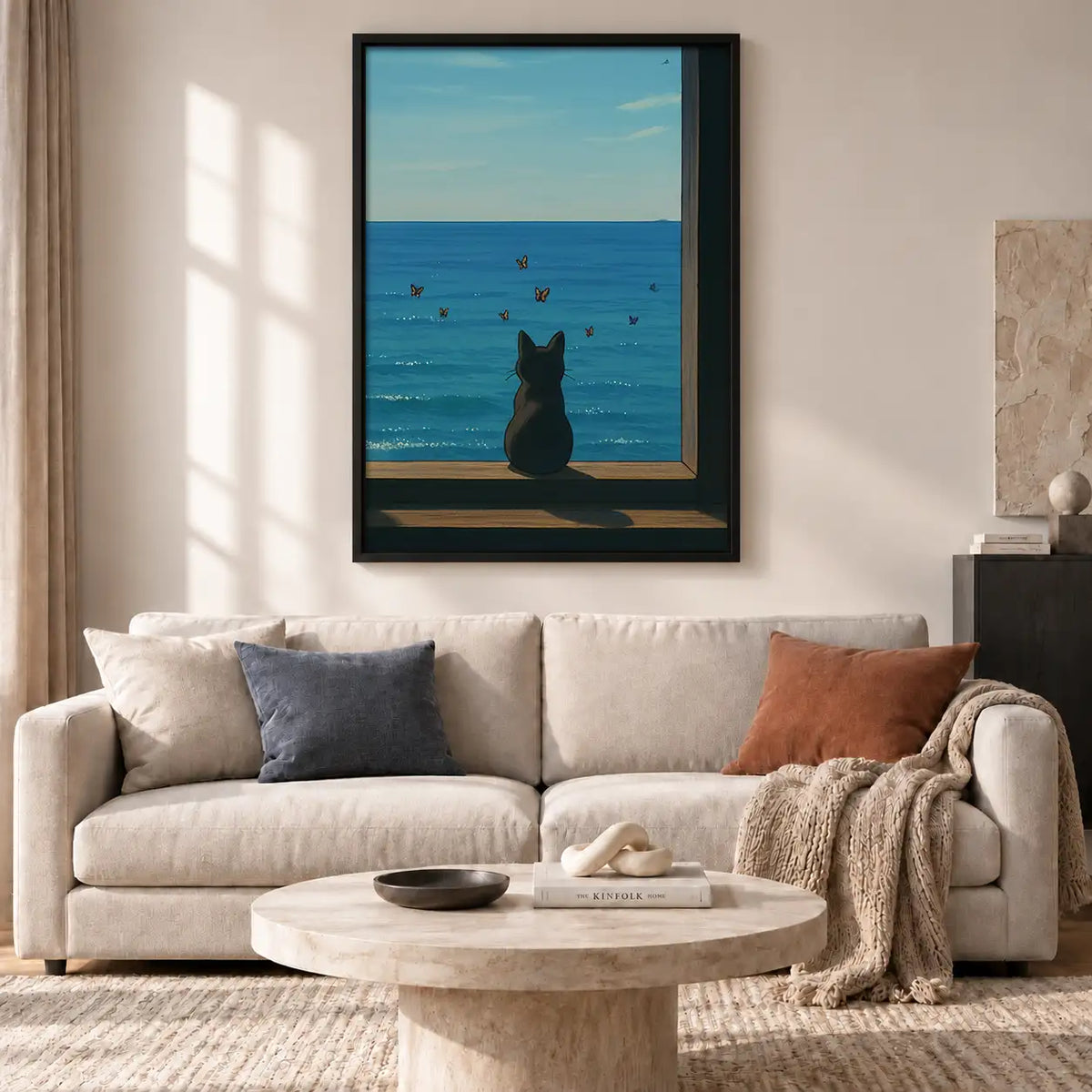 Black Cat Watching the Blue Sea Wall Art 2