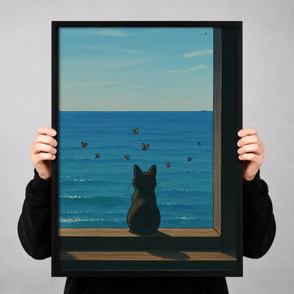Black Cat Watching the Blue Sea Wall Art 3