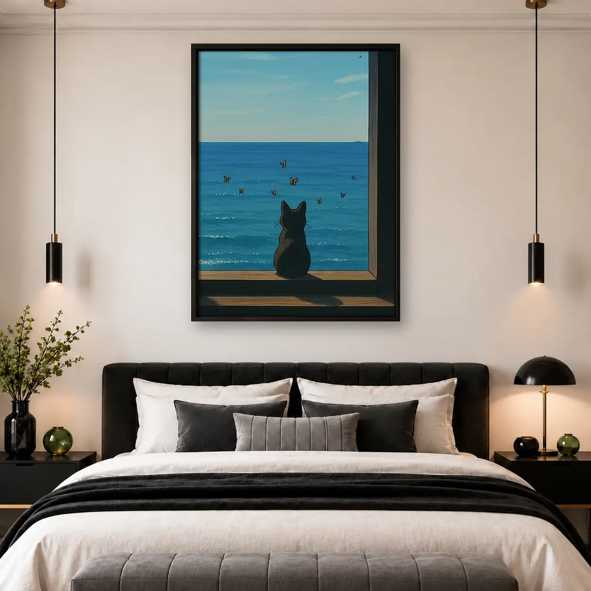 Black Cat Watching the Blue Sea Wall Art 4