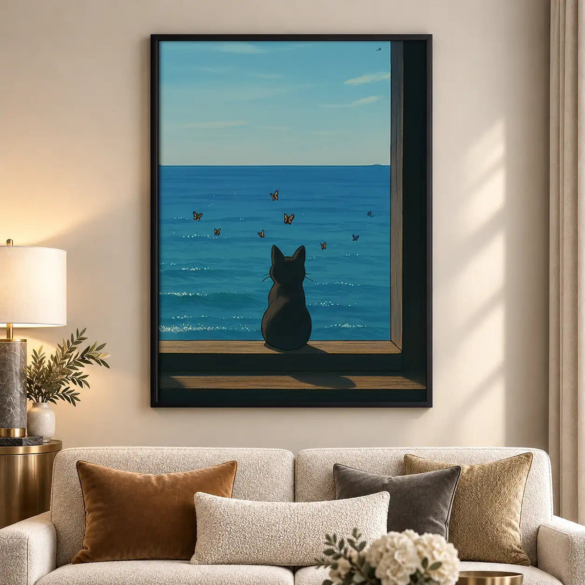 Black Cat Watching the Blue Sea Wall Art 5