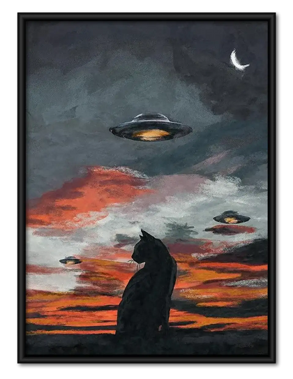 Black Cat Watching UFO Sunset Wall Art