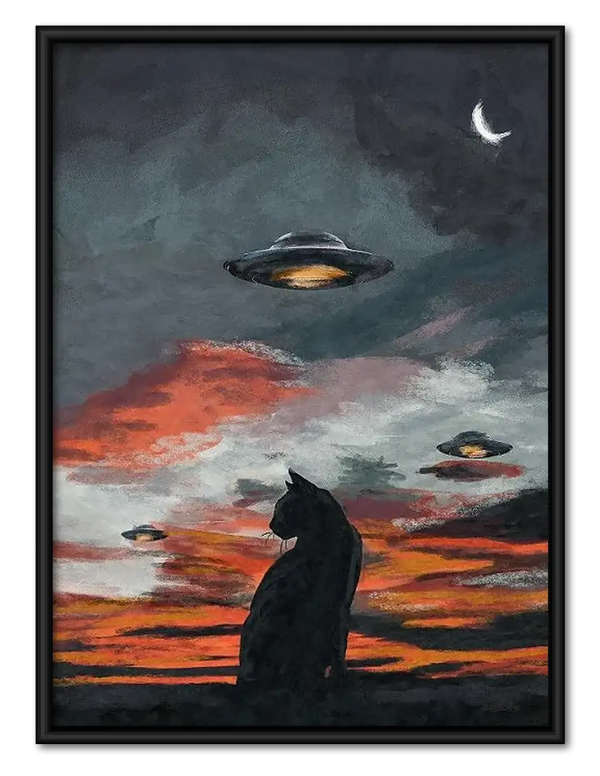 Black Cat Watching UFO Sunset Wall Art