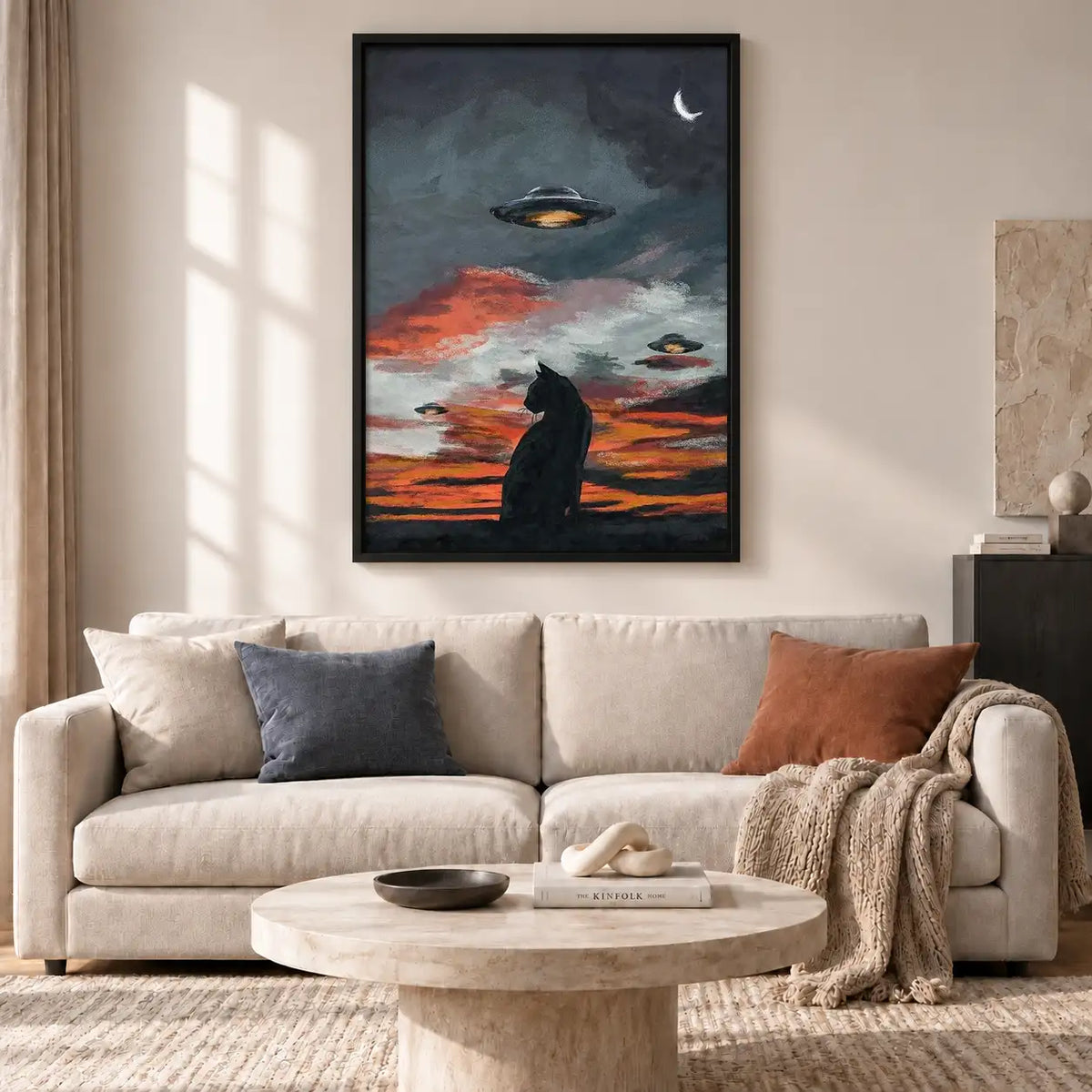 Black Cat Watching UFO Sunset Wall Art 2