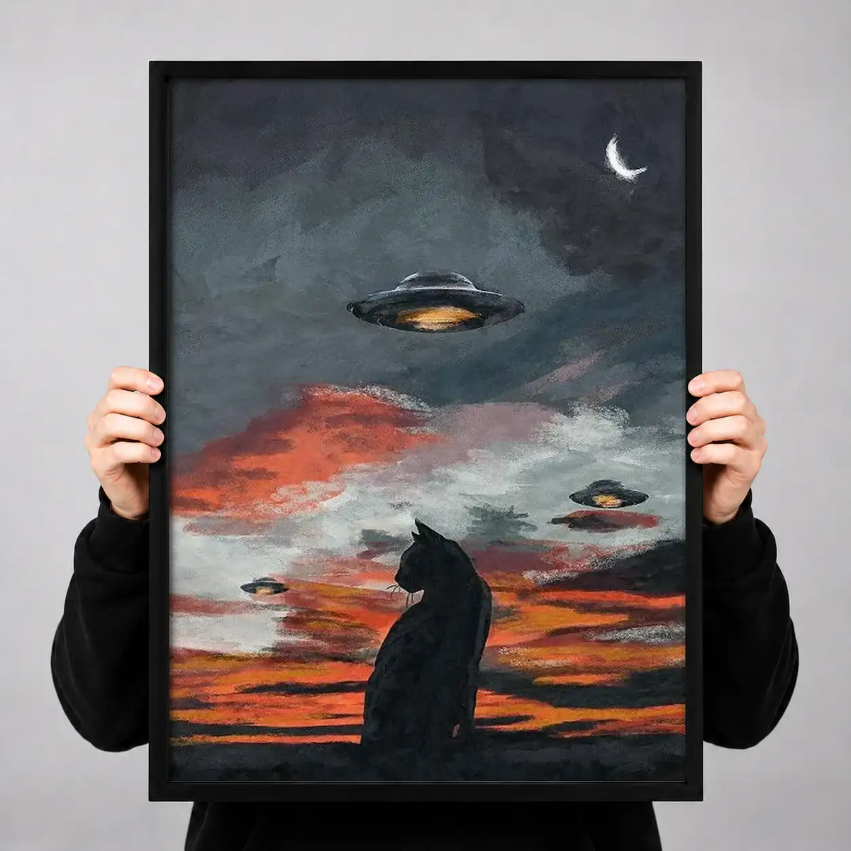 Black Cat Watching UFO Sunset Wall Art 3