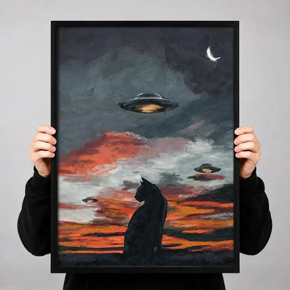 Black Cat Watching UFO Sunset Wall Art 3