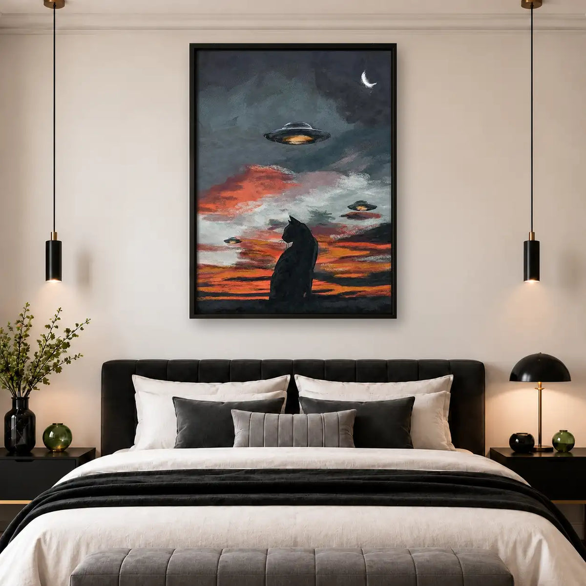 Black Cat Watching UFO Sunset Wall Art 4