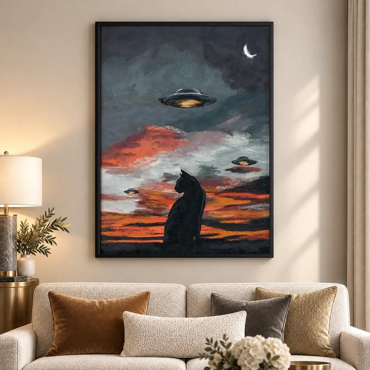 Black Cat Watching UFO Sunset Wall Art 5