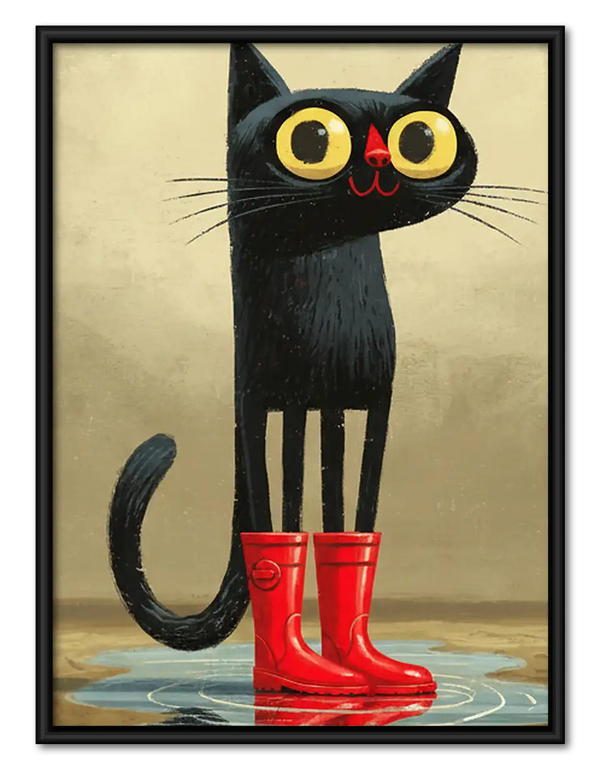 Black Cat Wearing Red Rain Boots Wall Art