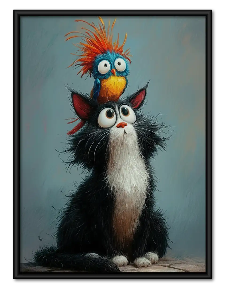 Black Cat with Blue Bird on Head Wall Art 1