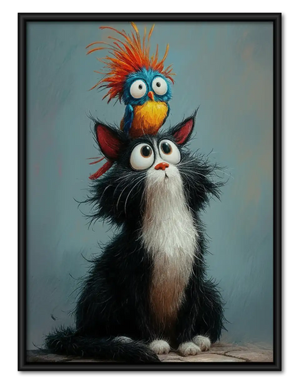 Black Cat with Blue Bird on Head Wall Art