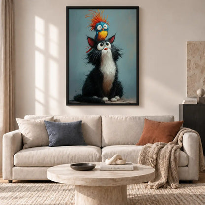 Black Cat with Blue Bird on Head Wall Art 2
