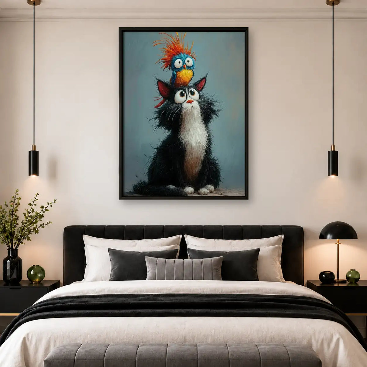 Black Cat with Blue Bird on Head Wall Art 4