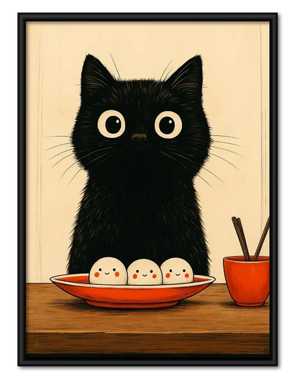 Black Cat with Breakfast Eggs Wall Art
