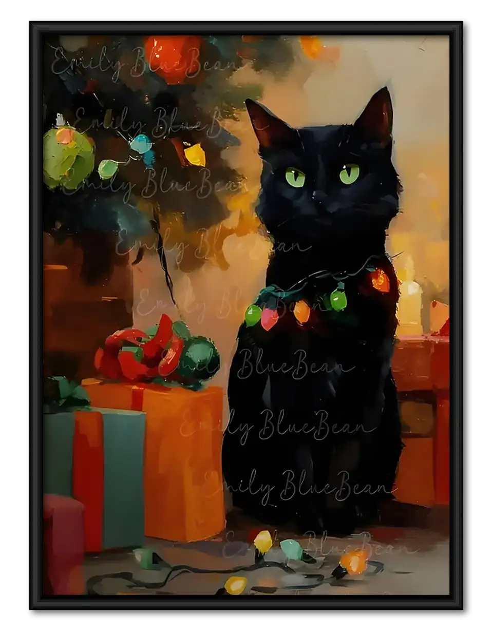 Black Cat with Christmas Gifts Wall Art 1