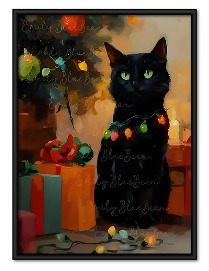 Black Cat with Christmas Gifts Wall Art