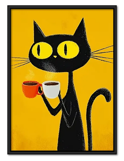 Black Cat with Coffee Cup Wall Art