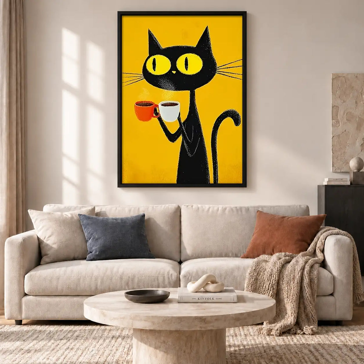 Black Cat with Coffee Cup Wall Art 2