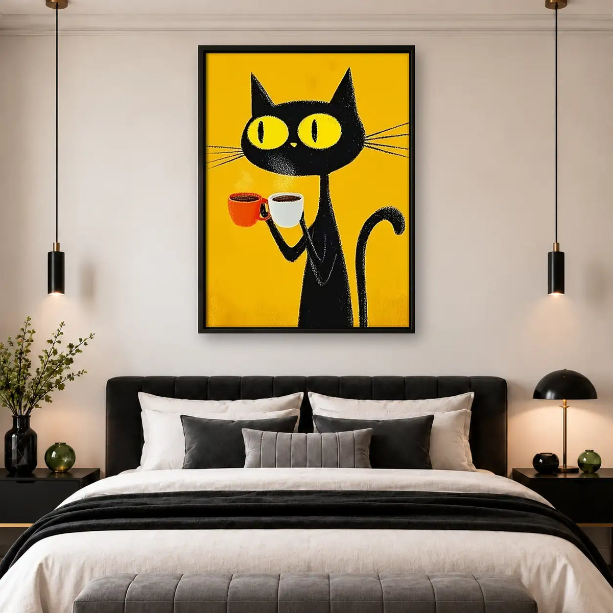 Black Cat with Coffee Cup Wall Art 4