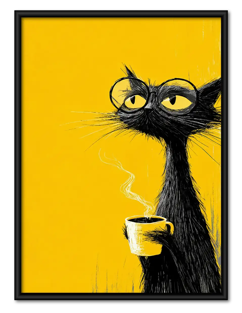 Black Cat with Coffee on Yellow Wall Art 1