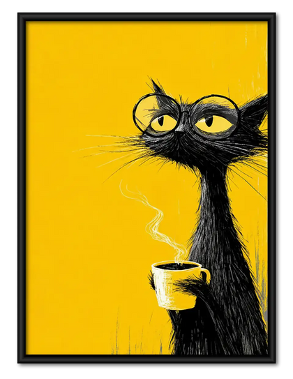 Black Cat with Coffee on Yellow Wall Art