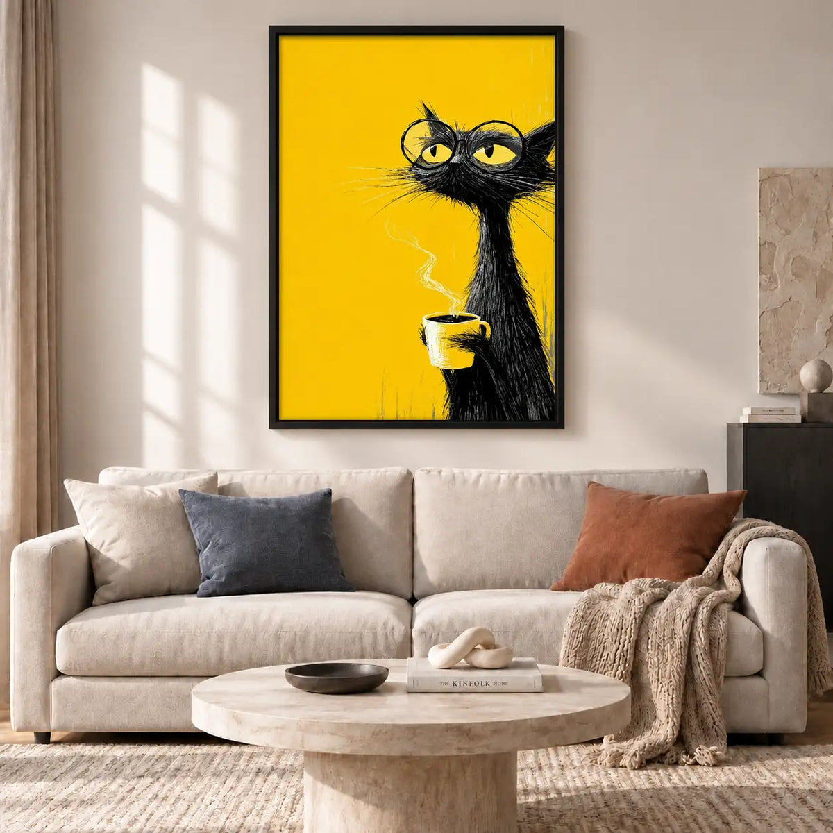 Black Cat with Coffee on Yellow Wall Art 2
