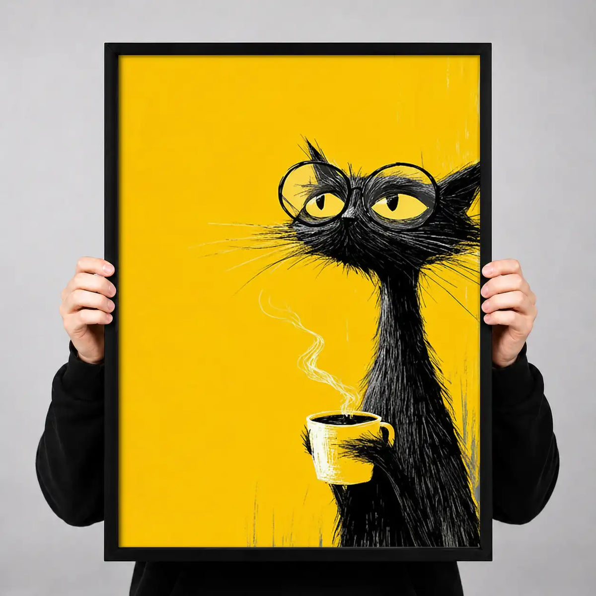 Black Cat with Coffee on Yellow Wall Art 3