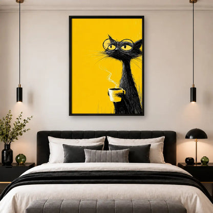 Black Cat with Coffee on Yellow Wall Art 4