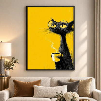 Black Cat with Coffee on Yellow Wall Art 5
