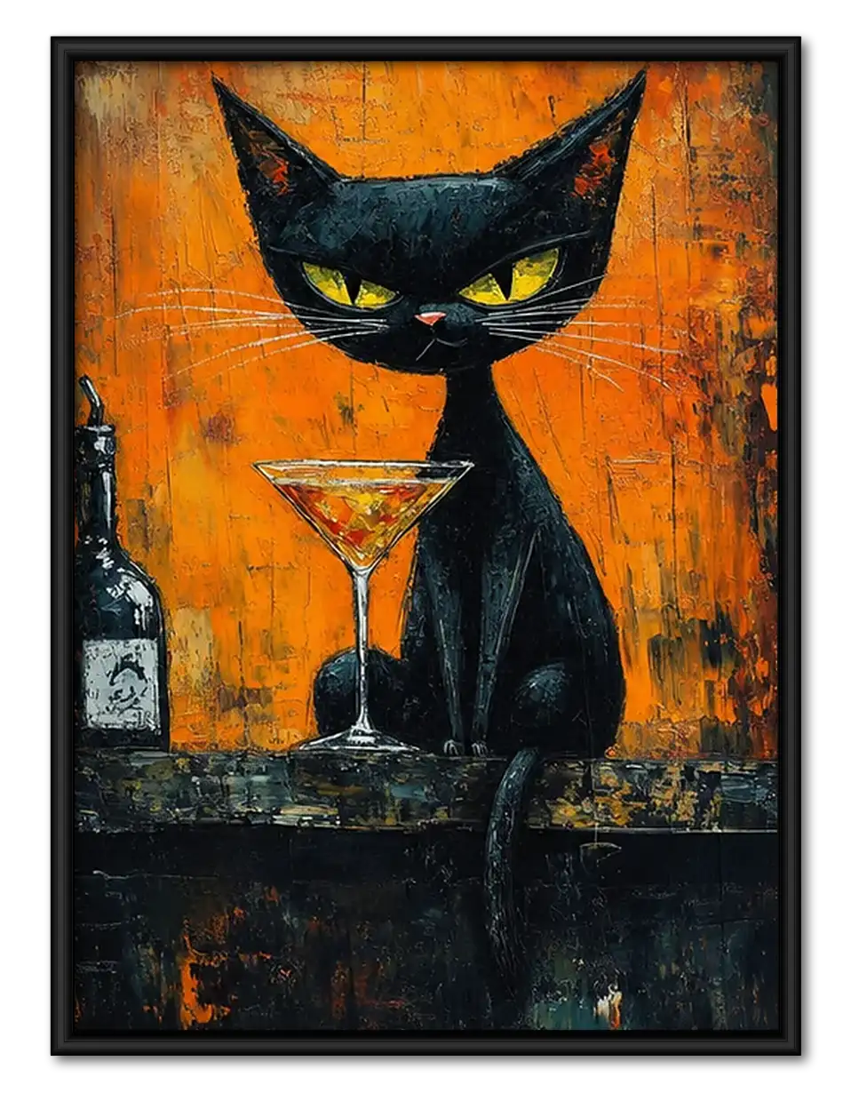 Black Cat with Martini on Orange Wall Art 1