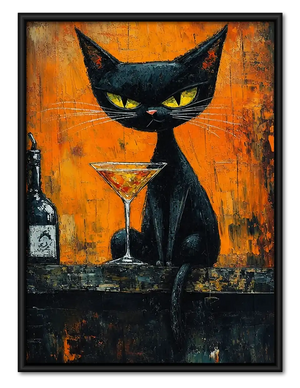 Black Cat with Martini on Orange Wall Art
