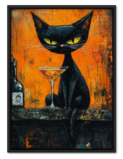 Black Cat with Martini on Orange Wall Art