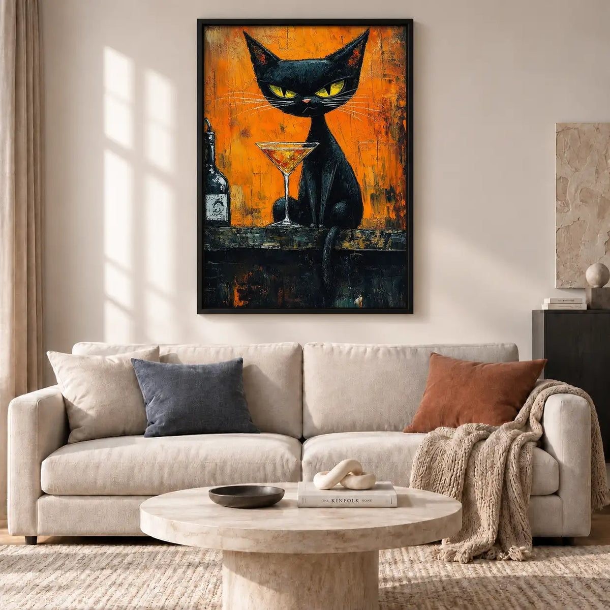 Black Cat with Martini on Orange Wall Art 2