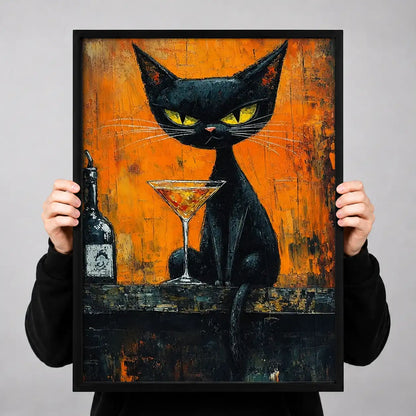 Black Cat with Martini on Orange Wall Art 3