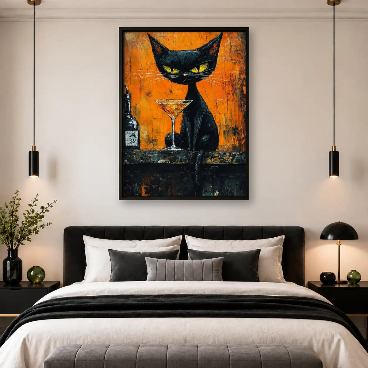 Black Cat with Martini on Orange Wall Art 4
