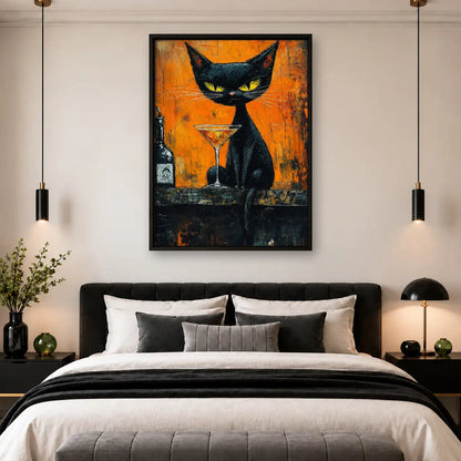Black Cat with Martini on Orange Wall Art 4
