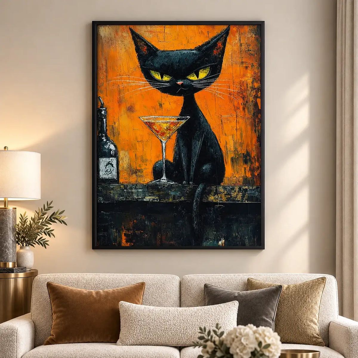 Black Cat with Martini on Orange Wall Art 5