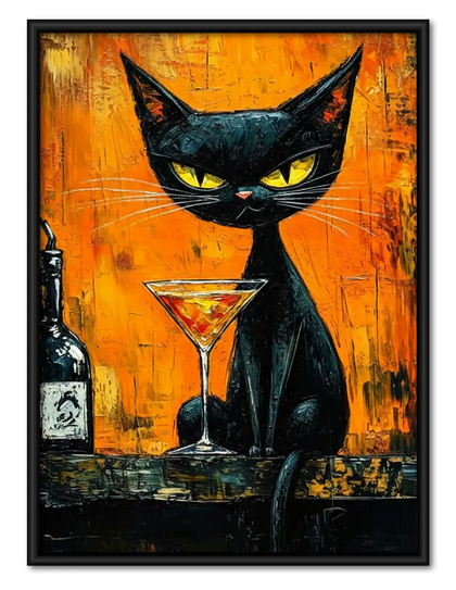 Black Cat with Martini Orange Painting Wall Art