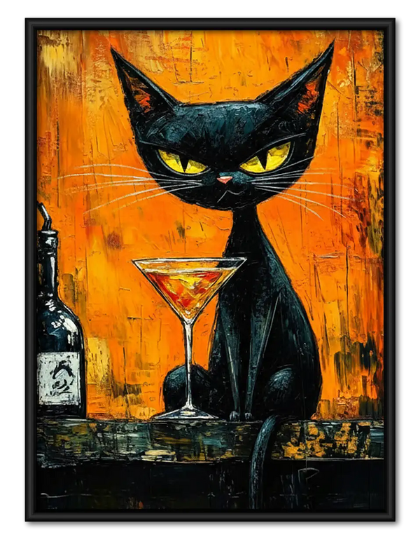 Black Cat with Martini Orange Painting Wall Art