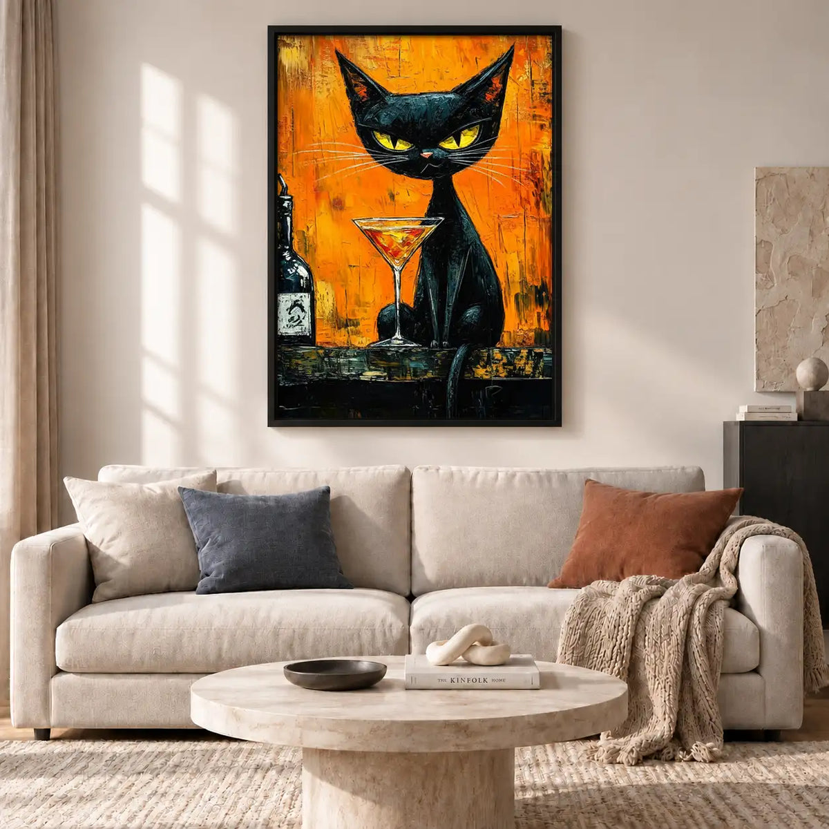 Black Cat with Martini Orange Painting Wall Art 2