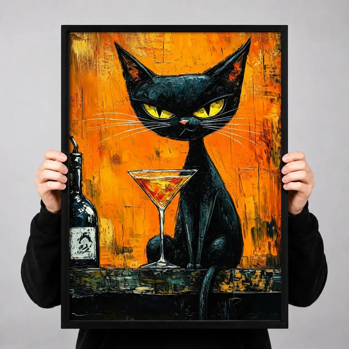 Black Cat with Martini Orange Painting Wall Art 3
