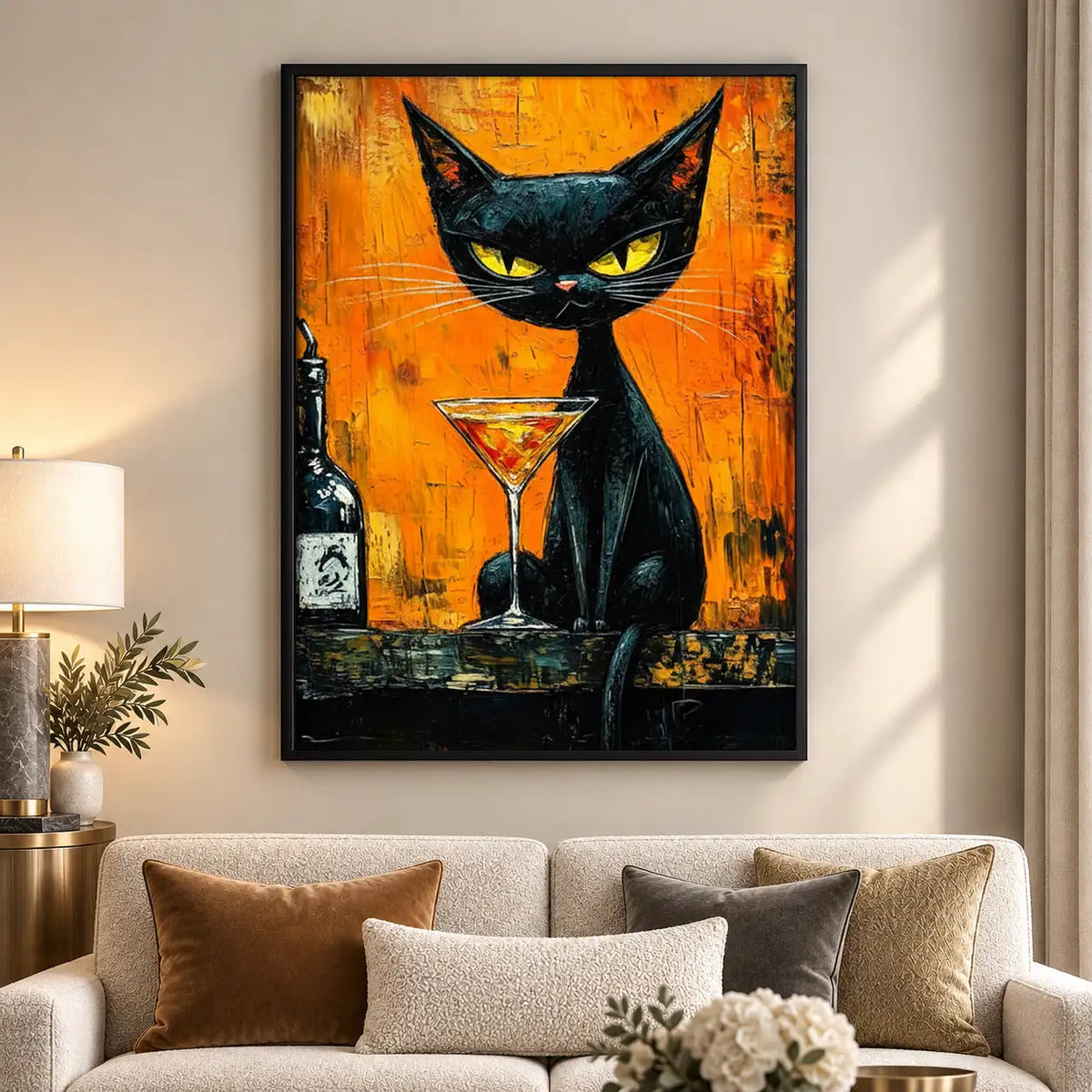 Black Cat with Martini Orange Painting Wall Art 5