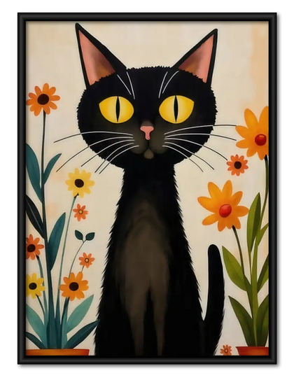 Black Cat with Orange Flowers Wall Art
