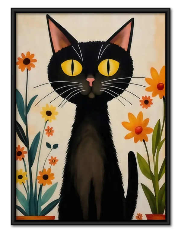 Black Cat with Orange Flowers Wall Art