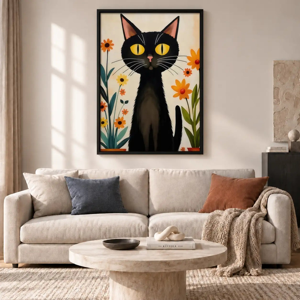 Black Cat with Orange Flowers Wall Art 2